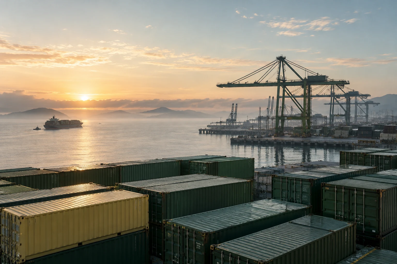 International cargo port with container cranes and cargo vessels at sunrise